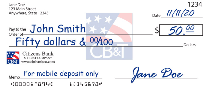 Front side example of endorsed check